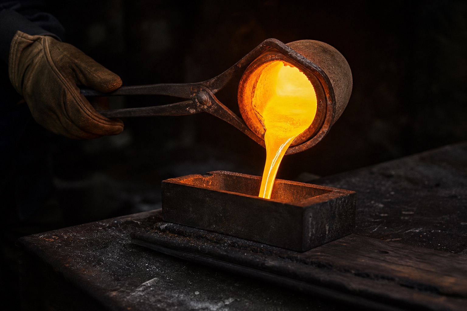Molten 22-karat gold pouring from a glowing crucible into an ingot mould