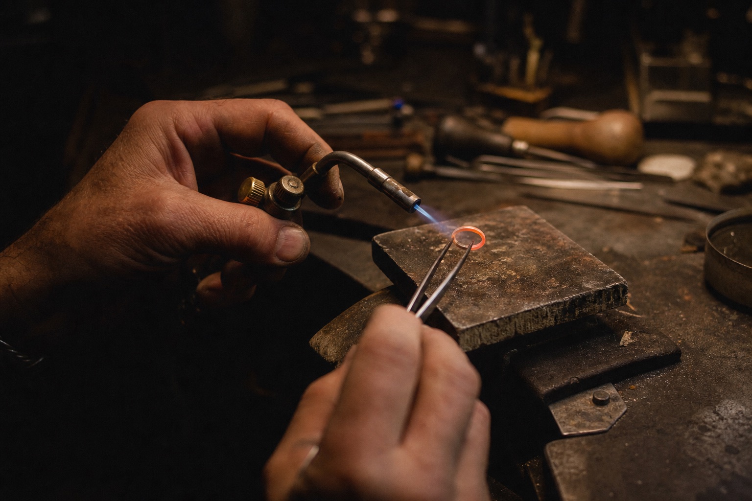 A goldsmith's hands annealing a small gold ring with a torch at the bench